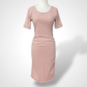 Liu & Qu Stretchy Cotton Bodycon Dress Size M Pink White Striped Midi Ruched